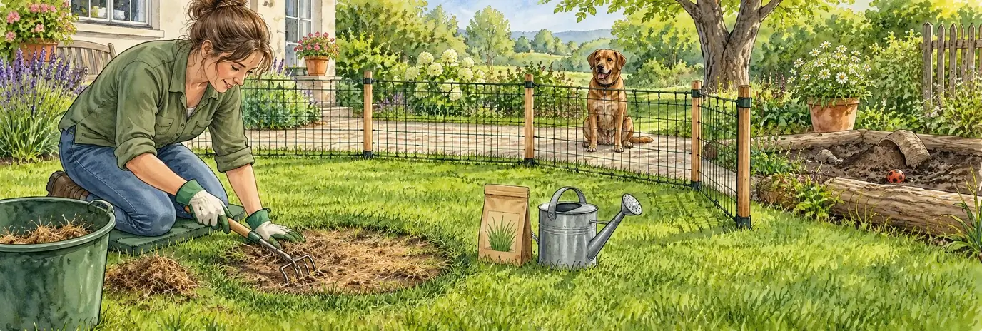 Mit einem Handrechen wird abgestorbenes Gras aus einer Rasenstelle entfernt; Saatgut und Gießkanne stehen bereit, der Hund wartet hinter einer Abgrenzung.