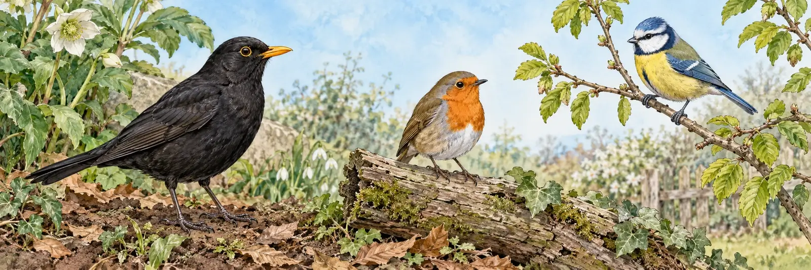 Aquarellillustration einer männlichen Amsel am Boden, eines Rotkehlchens auf einem Holzstück und einer Blaumeise auf einem Zweig