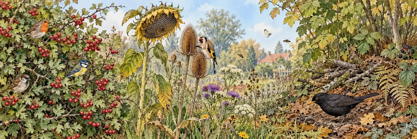 Dichte fruchttragende Hecke, Sonnenblumen und Karden mit Samen sowie eine Laub- und Reisigecke als Nahrung und Deckung für Gartenvögel