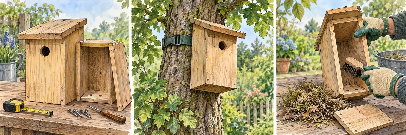 Holznistkästen ohne Sitzstange: Konstruktion mit Pflegezugang, Befestigung am Baum und Ausbürsten eines leeren Kastens