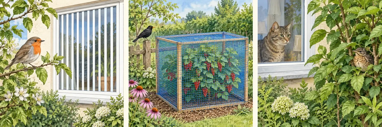 Drei Schutzmaßnahmen: außen markierte Glasscheibe, straffes Netz über einem Beeren-Gerüst und eine Katze im Haus hinter geschlossenem Fenster