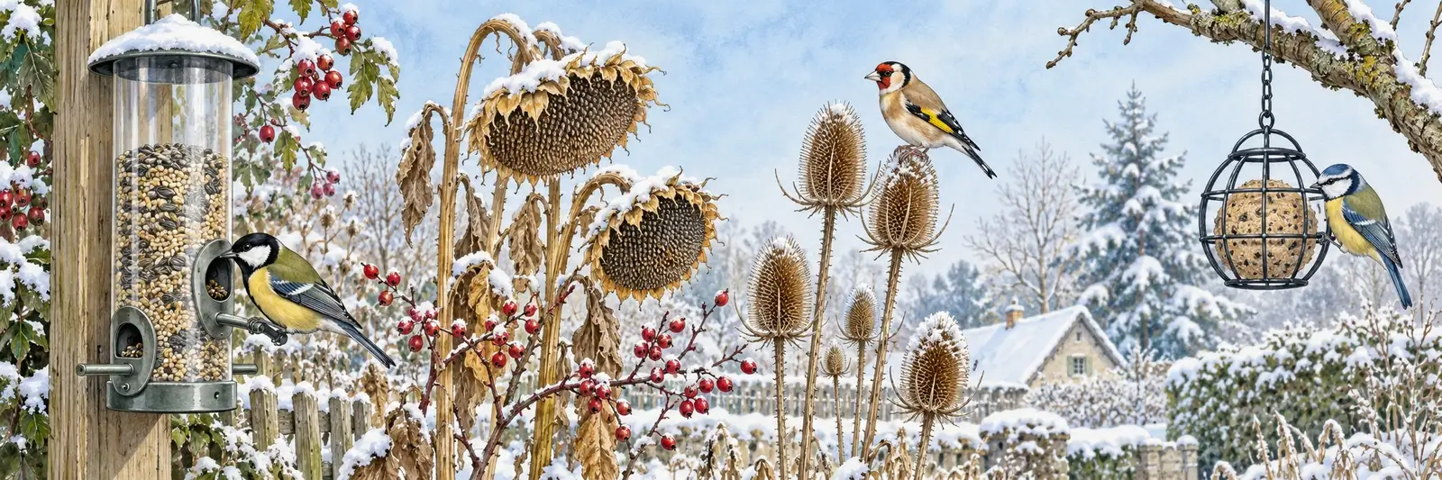 Wintergarten mit Kohlmeise am Futtersilo, Stieglitz an einer Karde und Blaumeise an einem Fettfutterhalter ohne Kunststoffnetz