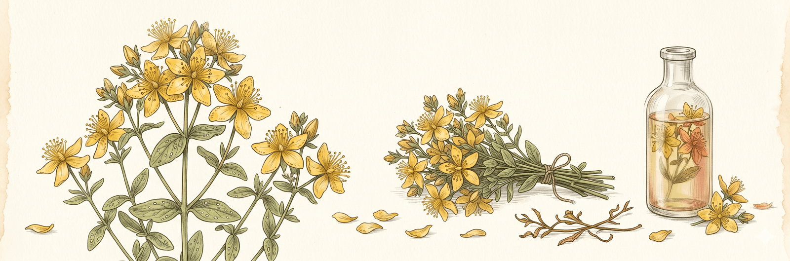 Blühendes Johanniskraut mit gelben Blüten, frisch angesetztes Rotöl im Glas zur Sommersonnenwende – das Bild fasst Sommerlicht, Sonnenwende und Heilkräuter-Tradition zusammen