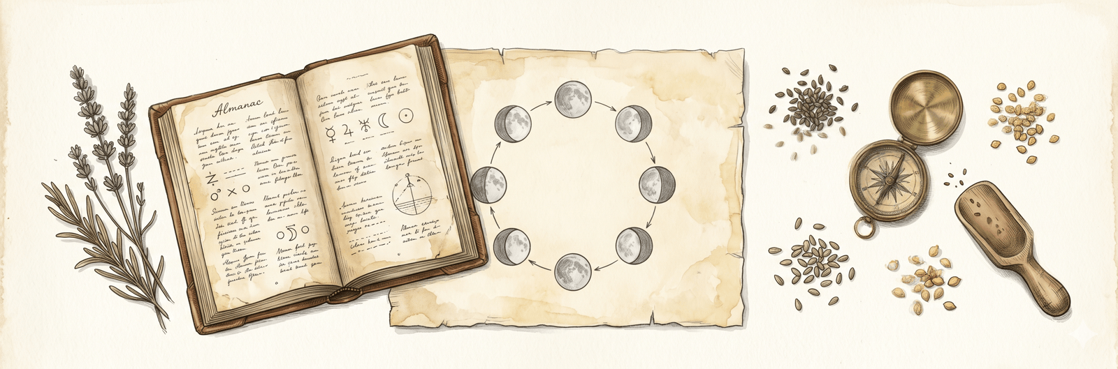 Mondphasen-Almanach mit Saatgut-Päckchen – das klassische Gärtner-Werkzeug, das Säen und Mondzyklus verknüpft