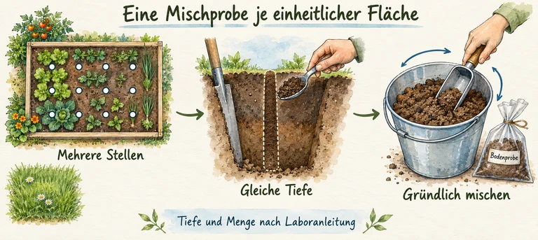 Über das Gemüsebeet verteilte Entnahmestellen, ein senkrechter Probenstreifen über die gesamte Entnahmetiefe und ein Eimer zum Mischen der Teilproben; Rasen bleibt getrennt