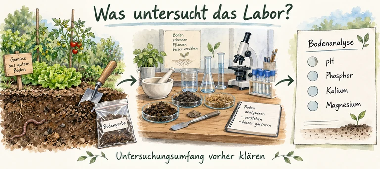 Aquarellgrafik vom Gemüsebeet über die Bodenprobe zum Laborbericht mit pH, Phosphor, Kalium und Magnesium