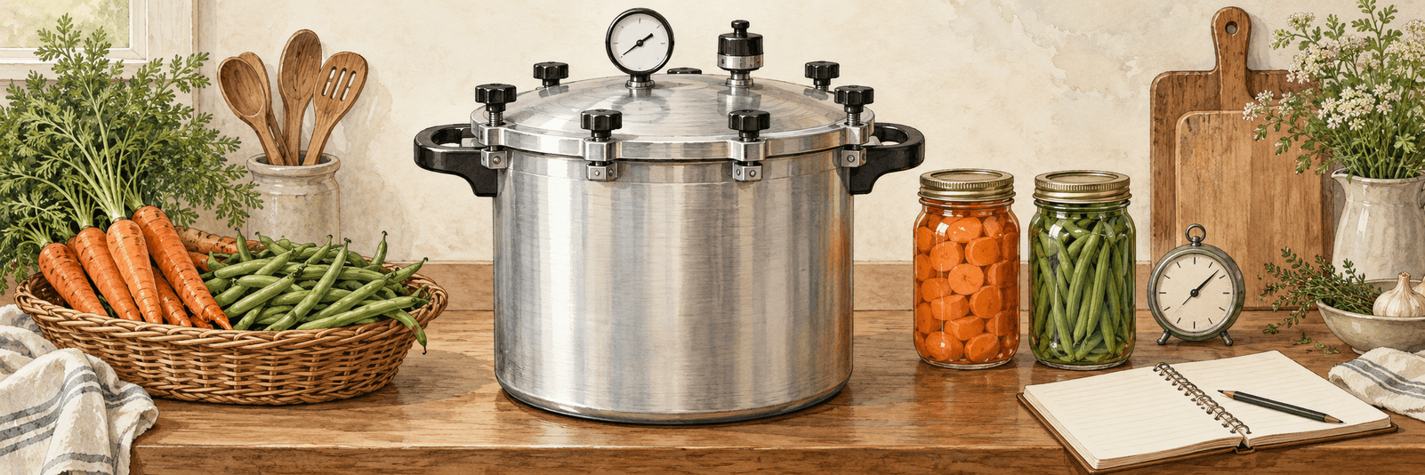 Großer Druckeinkocher mit verriegeltem Deckel, Manometer und Druckregler neben Möhren und Bohnen sowie einem Rezeptbuch