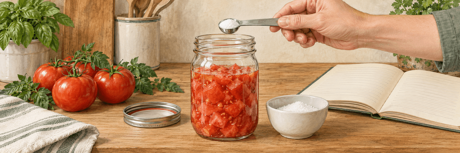 Abgemessene Zitronensäure in einem Messlöffel über einem offenen Glas mit Tomatenstücken; daneben ein Rezeptbuch
