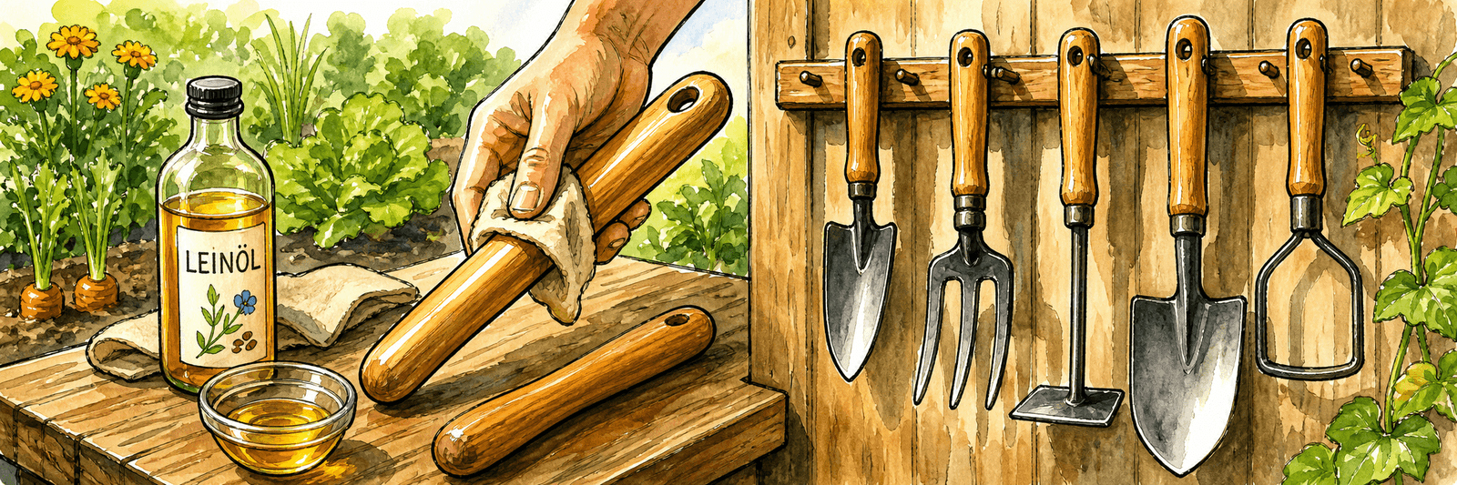 Holzstiele mit Leinöl pflegen und die Werkzeuge hängend einlagern