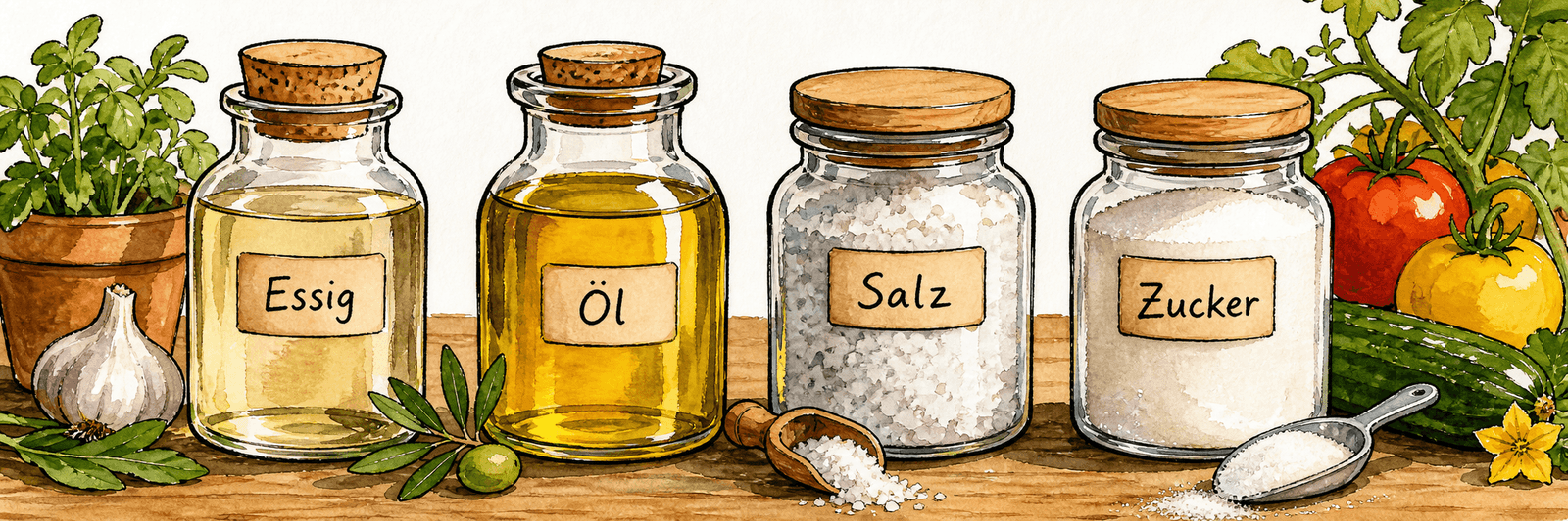 Flaschen mit Essig und Öl sowie Gläser mit Salz und Zucker