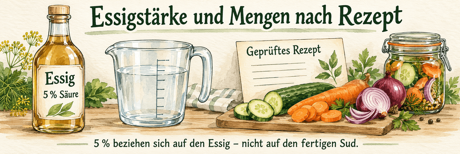 Essigflasche mit 5 Prozent Säure, Messbecher und geprüftes Rezept neben Gemüse; die Säureangabe gilt für den Essig, nicht für den fertigen Sud
