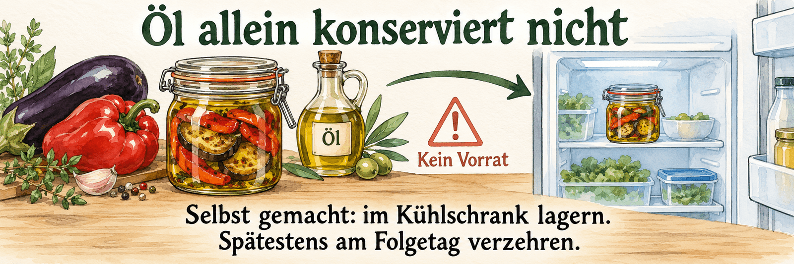 Gemüse in Öl mit Warnzeichen und Pfeil zum Kühlschrank: kein Vorrat, spätestens am Folgetag verzehren