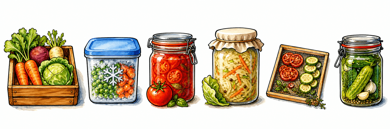 Sechs Methoden-Icons: Einlagern, Einfrieren, Einkochen, Fermentieren, Trocknen und Einlegen