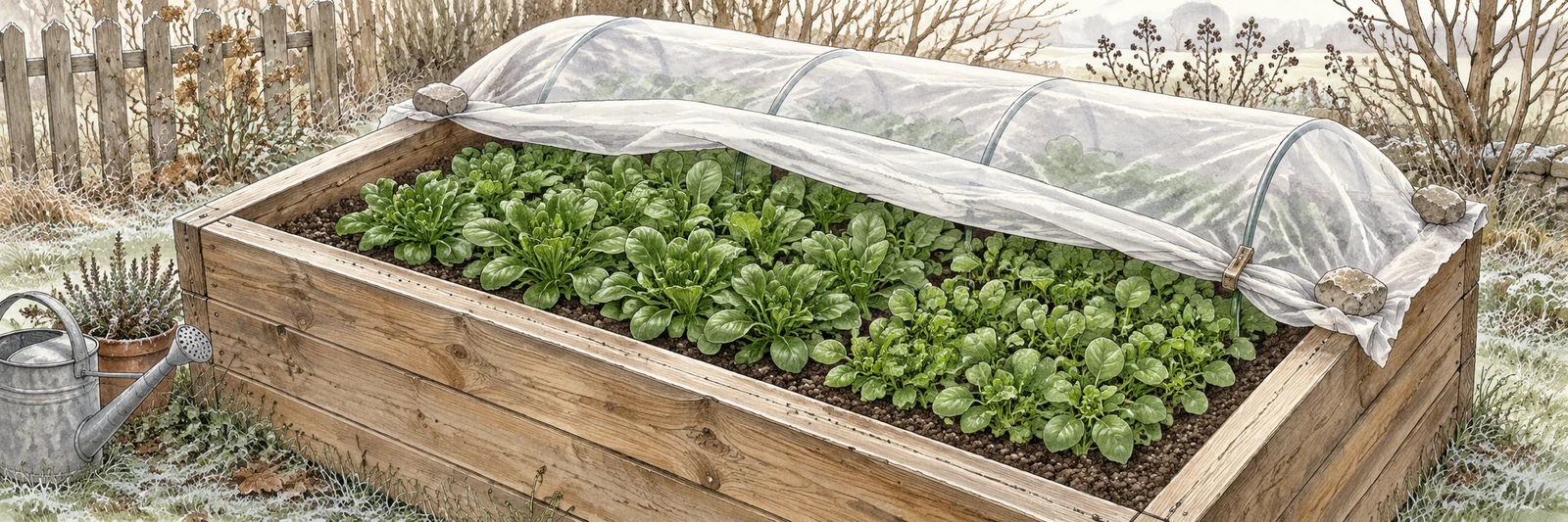 Illustration eines winterlich bepflanzten Holzhochbeets mit grünen Salatrosetten und teilweise zurückgeschlagenem, befestigtem Gartenvlies