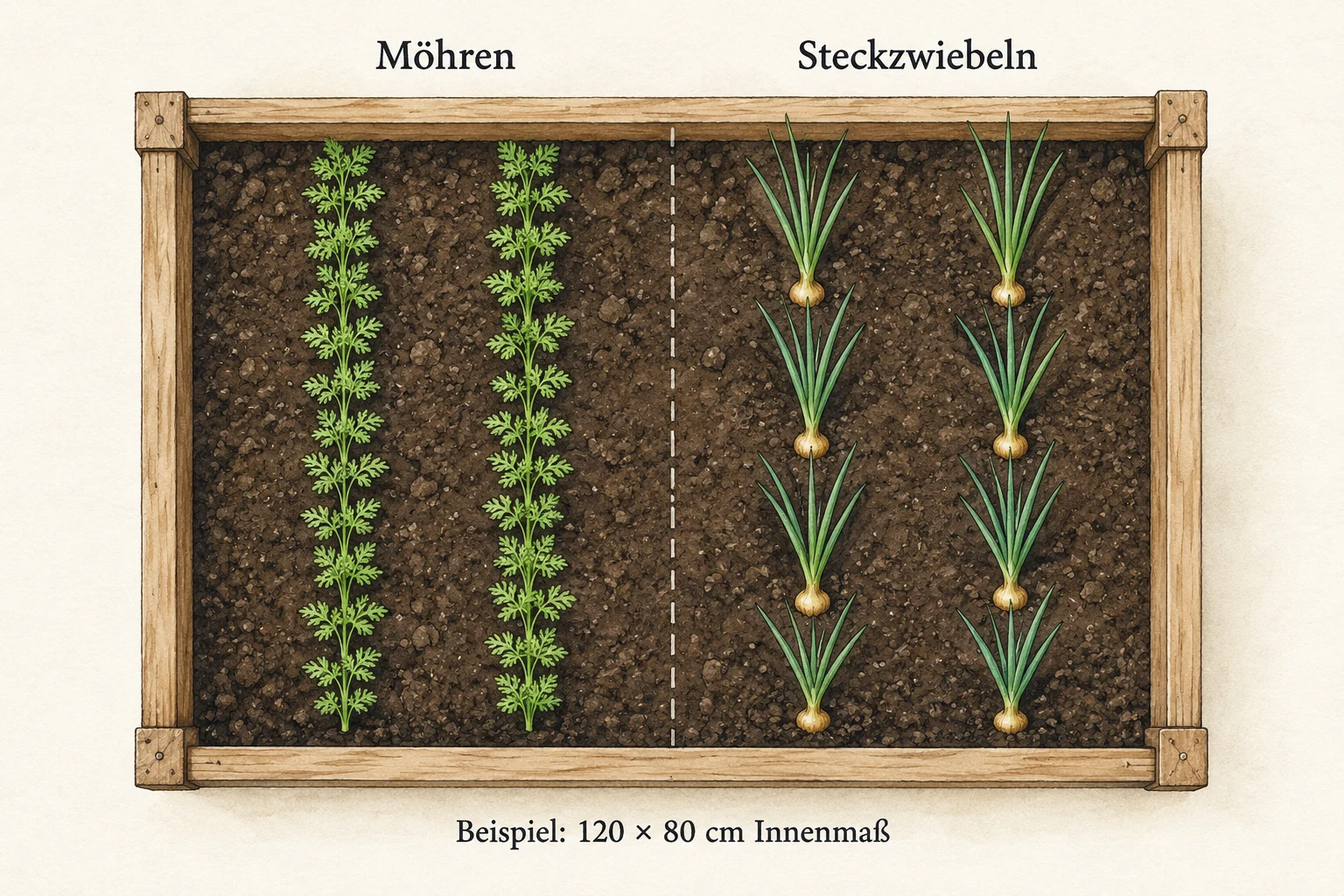 Schematische Draufsicht auf ein Hochbeet mit 120 mal 80 Zentimetern Innenmaß: links zwei Möhrenreihen, rechts zwei Reihen mit jeweils vier Steckzwiebeln