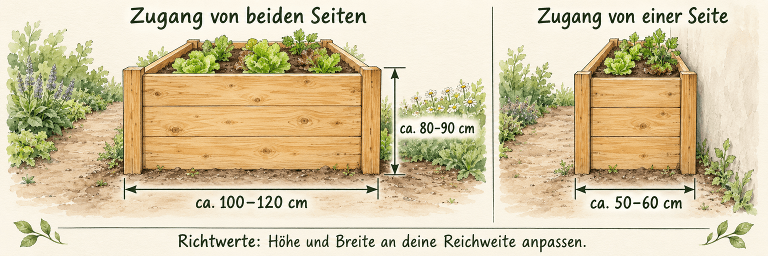 Zwei Holzhochbeete mit Maßpfeilen: bei beidseitigem Zugang etwa 100–120 cm breit und etwa 80–90 cm hoch, bei einseitigem Zugang etwa 50–60 cm breit. Alle Maße sind Richtwerte und an die eigene Reichweite anzupassen.