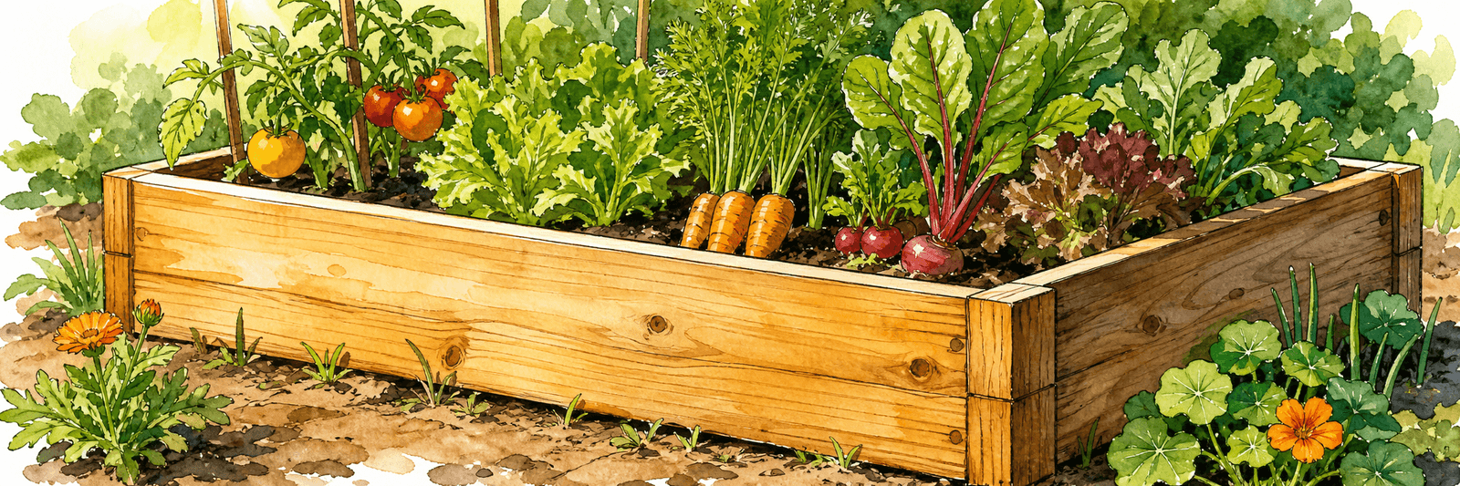 Illustration eines bepflanzten Hochbeets mit einem Rahmen aus Holzbrettern
