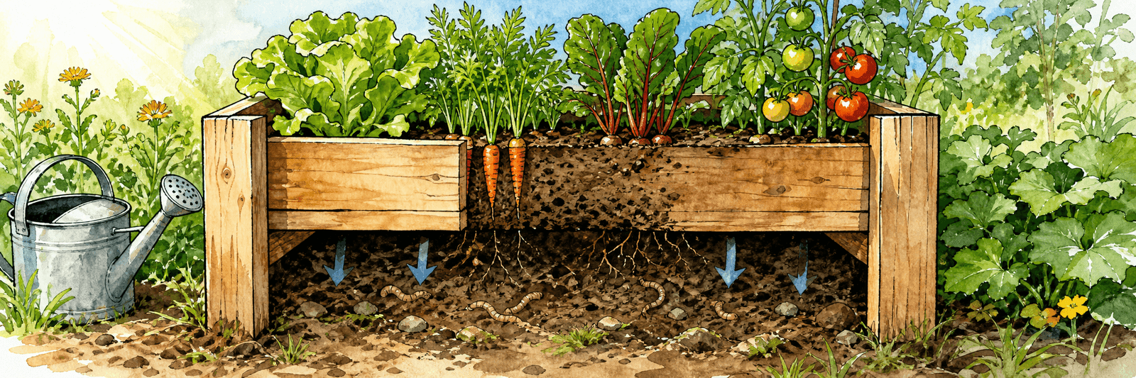 Schematische Illustration eines bodenoffenen Holzhochbeets mit Wurzeln und Regenwürmern im Untergrund
