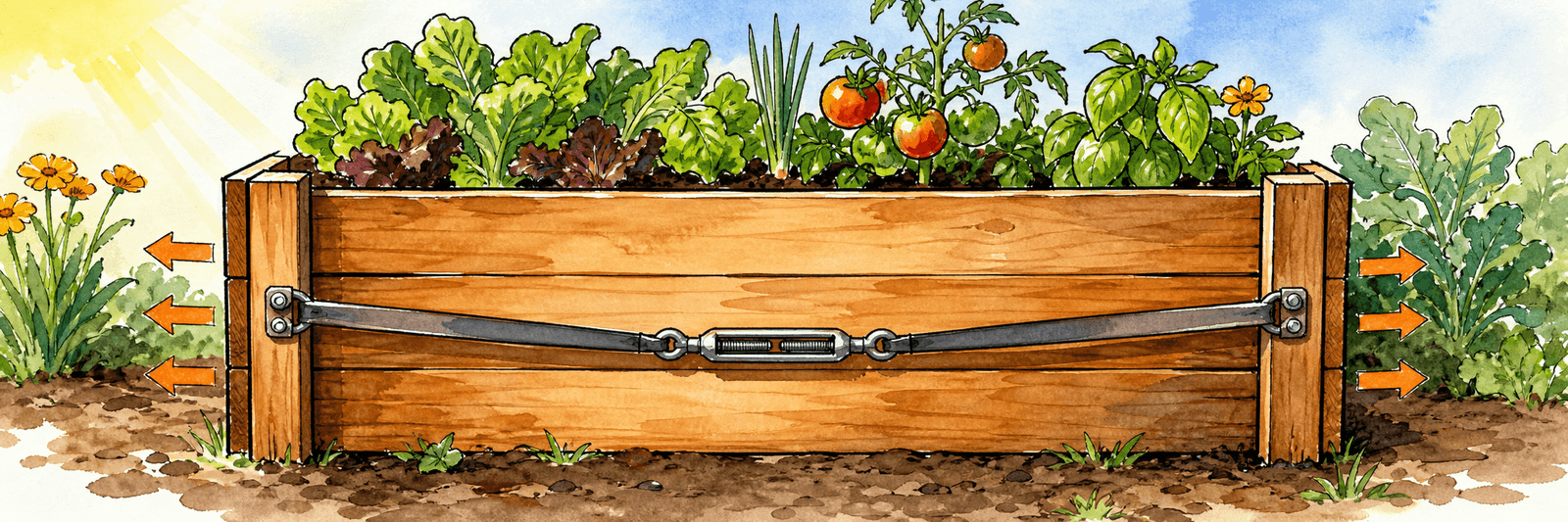 Illustration eines Holzhochbeets mit außen angebrachtem Metallband und Spannschloss