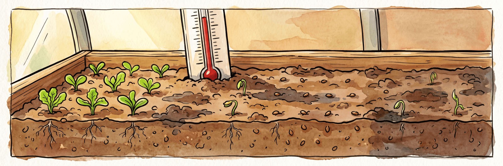 Aussaatschale mit unterschiedlich dicht aufgelaufenen Sämlingen und einem Thermometer