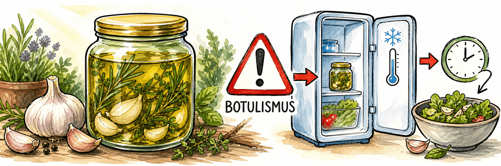 Kräuteröl mit rohem Knoblauch birgt Botulismusgefahr – kühl lagern und zügig verbrauchen