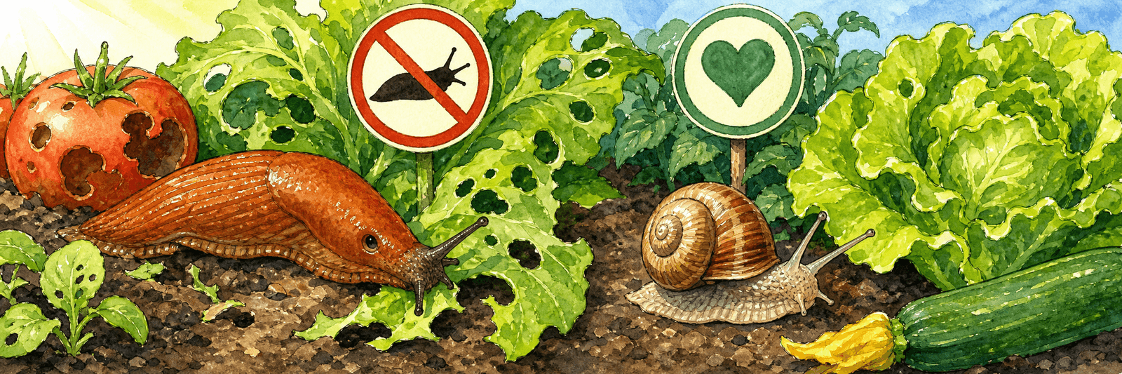 Spanische Wegschnecke als rotbrauner Hauptschädling neben der geschützten Weinbergschnecke mit Gehäuse, die verschont bleibt