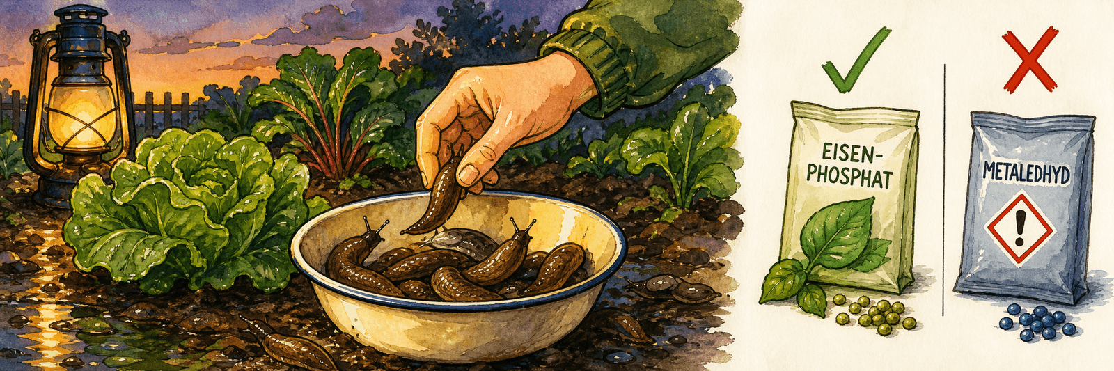 Schnecken werden abends und nach Regen abgesammelt, dazu Eisenphosphat-Schneckenkorn statt des giftigen Metaldehyd