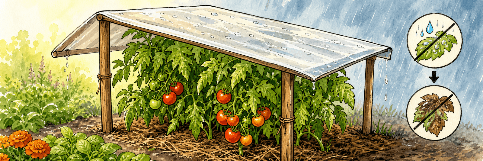 Tomaten-Regendach hält Regen und Tau vom Laub und bremst die Braunfäule