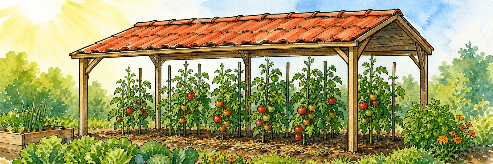 Tomatendach mit offenen Seiten, damit sich Feuchte und Hitze nicht stauen